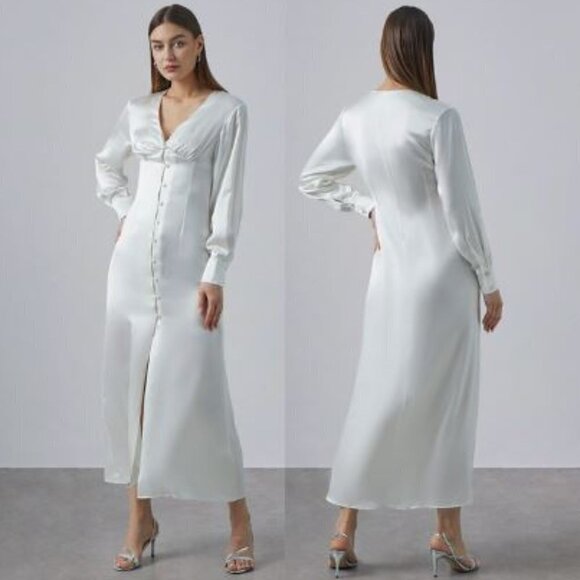 Silk Maison | NEW Lantern Cuff Buttoned Slit Silk Dress in Pearl White - Picture 1 of 14